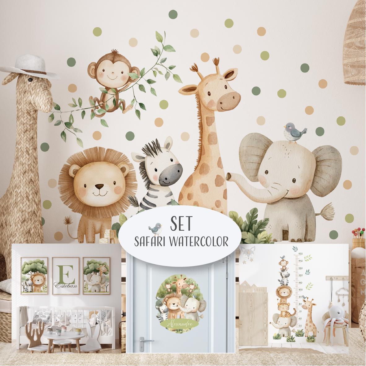 Neutral Safari Nursery Decor Set, Jungle Wall Decal, Growth Chart, Name Sign, Watercolor Animal Stickers, Peel and Stick Safari Decor