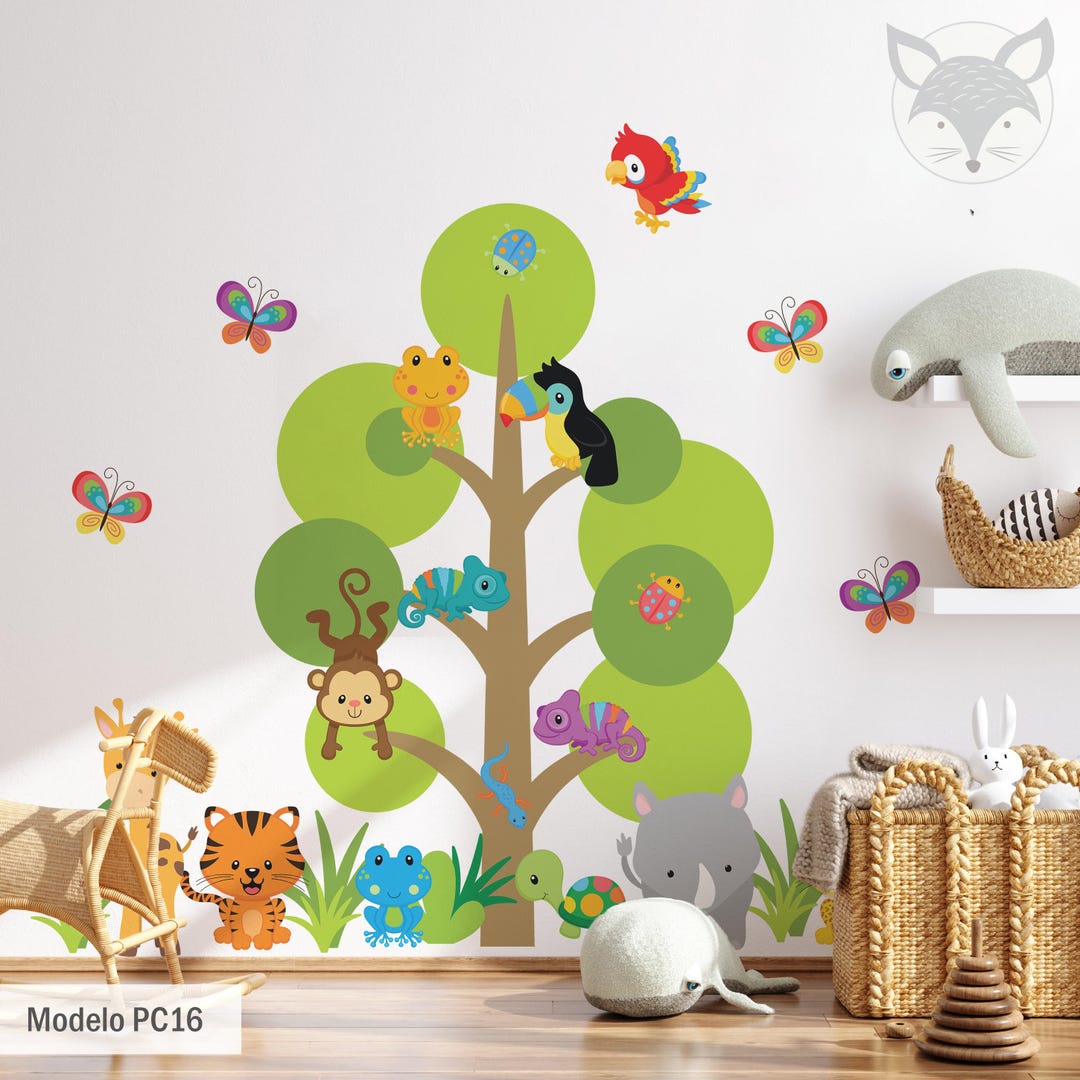 Jungle Safari Wall Decal for Kids | Tree With Animals Vinyl Sticker ...