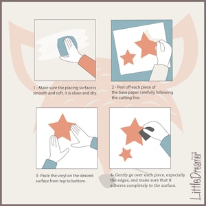 May include: Four illustrated steps showing how to apply vinyl stickers to a surface. The steps include cleaning the surface, peeling the backing paper, applying the sticker, and smoothing the sticker.
