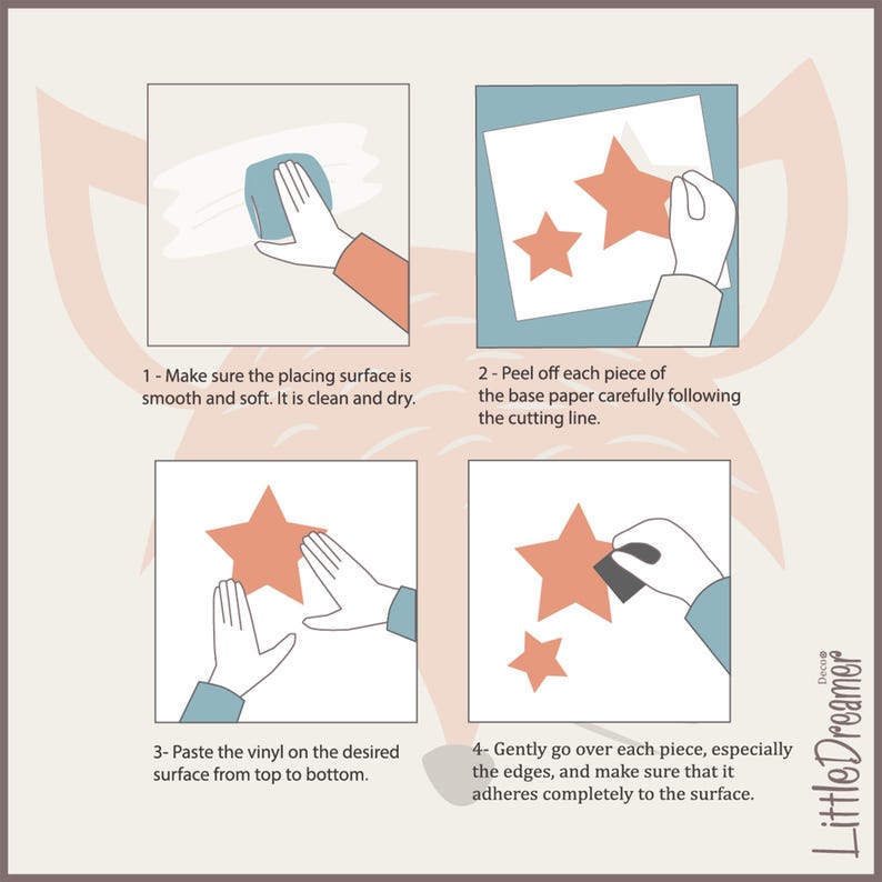 May include: Four illustrated steps showing how to apply vinyl stickers to a surface. The steps include cleaning the surface, peeling the backing paper, applying the sticker, and smoothing the sticker.