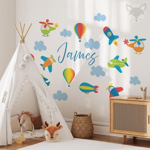 Hot Air Balloons, Airplanes, Helicopters, Personalized Kids Wall Decal, Boys Room Decor, Custom Name Sticker, Nursery wall decal Vinyl Art