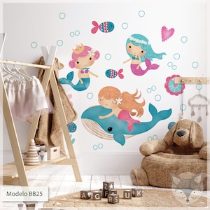 Mermaid Wall Decal, Under the Sea Sticker, Girls Room Decor, Ocean Theme Mural Cute Mermaid Nursery, Whale Wall Art watercolor Vinyl Sticke