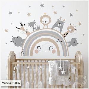 Neutral Safari Animal Wall Decal, Boho Rainbow Nursery Decor, Beige and Gray Baby Room Sticker, Removable Vinyl Mural, Kids Wall Art