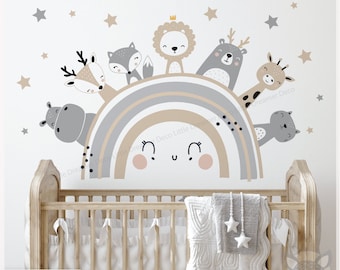 Neutral Safari Animal Wall Decal, Boho Rainbow Nursery Decor, Beige and Gray Baby Room Sticker, Removable Vinyl Mural, Kids Wall Art