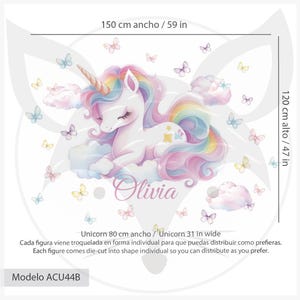 May include: A wall decal featuring a white unicorn with a rainbow mane and tail, resting on clouds. The design includes pastel butterflies and the name "Olivia". The decal is 59 inches wide and 47 inches tall.
