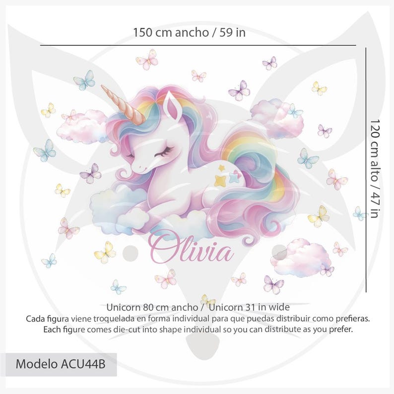 May include: A wall decal featuring a white unicorn with a rainbow mane and tail, resting on clouds. The design includes pastel butterflies and the name "Olivia". The decal is 59 inches wide and 47 inches tall.