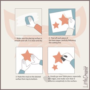 May include: A step-by-step guide for applying star-shaped vinyl wall decals. The instructions show cleaning the surface, peeling the backing, applying the vinyl, and smoothing it. The Little Dreamer logo is in the bottom right corner.