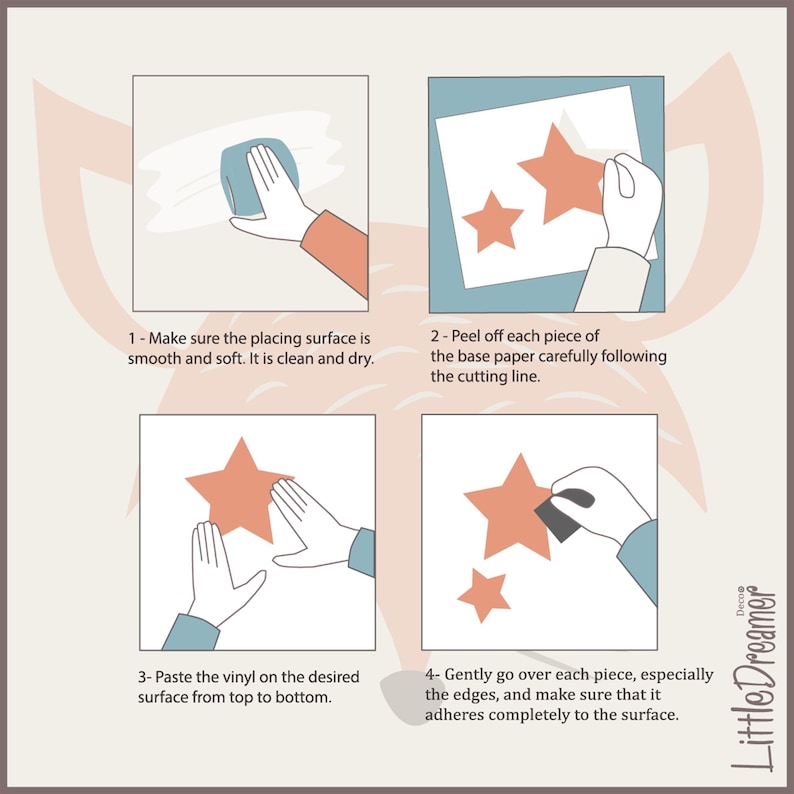 May include: A step-by-step guide for applying star-shaped vinyl wall decals. The instructions show cleaning the surface, peeling the backing, applying the vinyl, and smoothing it. The Little Dreamer logo is in the bottom right corner.