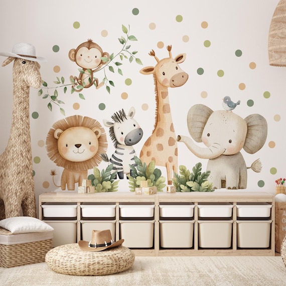 Safari Animal Wall Decal, Self-Adhesive Jungle Decor for Nursery and Kids Room, Lion, Elephant, Giraffe, Zebra, Monkey Sticker, Jungle decal