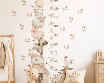 Farm Animals Growth Chart Wall Decal, Nursery Height Chart Sticker for Kids Room Decor