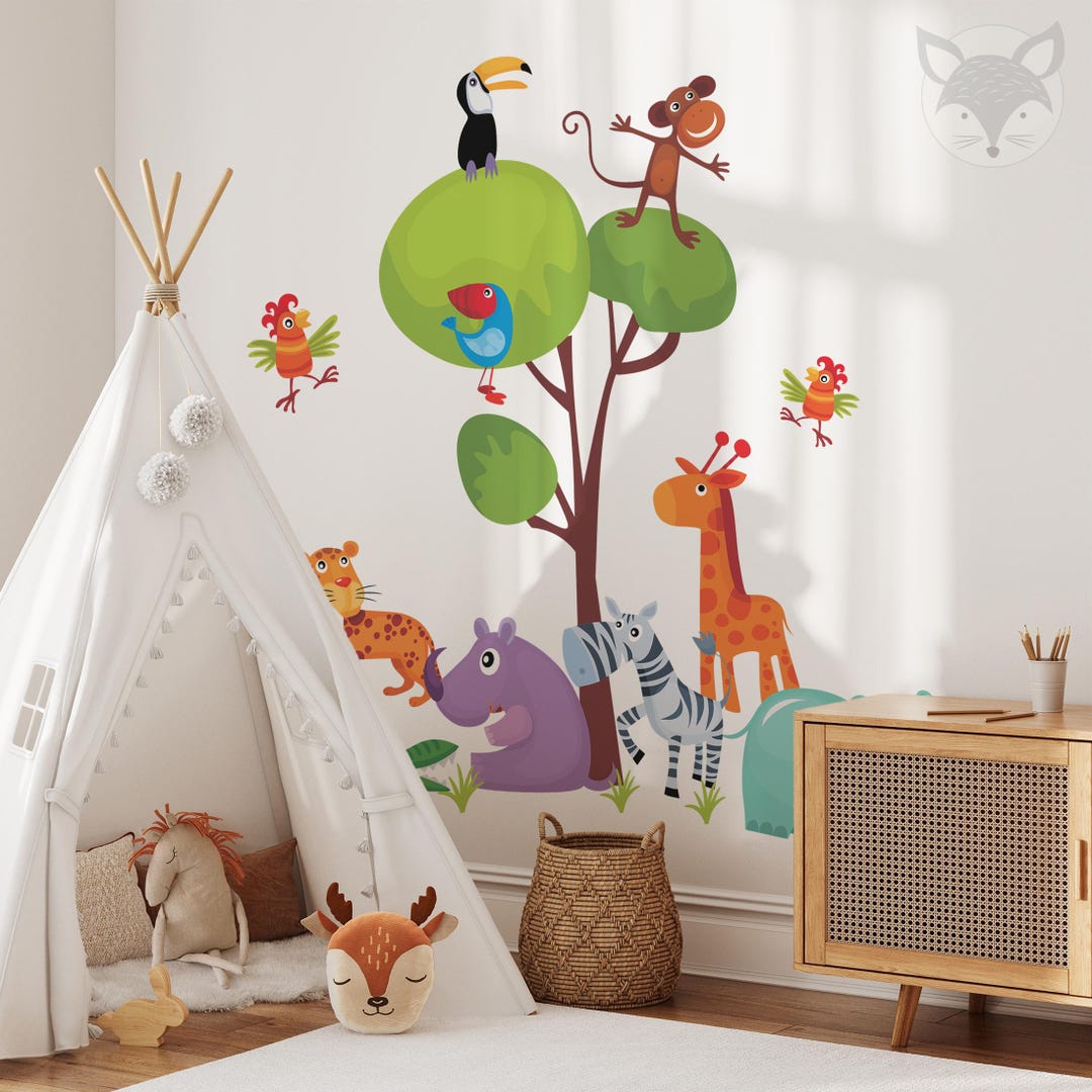 Jungle Safari Wall Decals, Colorful Animal Wall Stickers, Kids Room ...