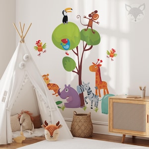 Safari Animals Wall Decals - Jungle Tree With Giraffe, Lion, Fox Nursery Wall Stickers