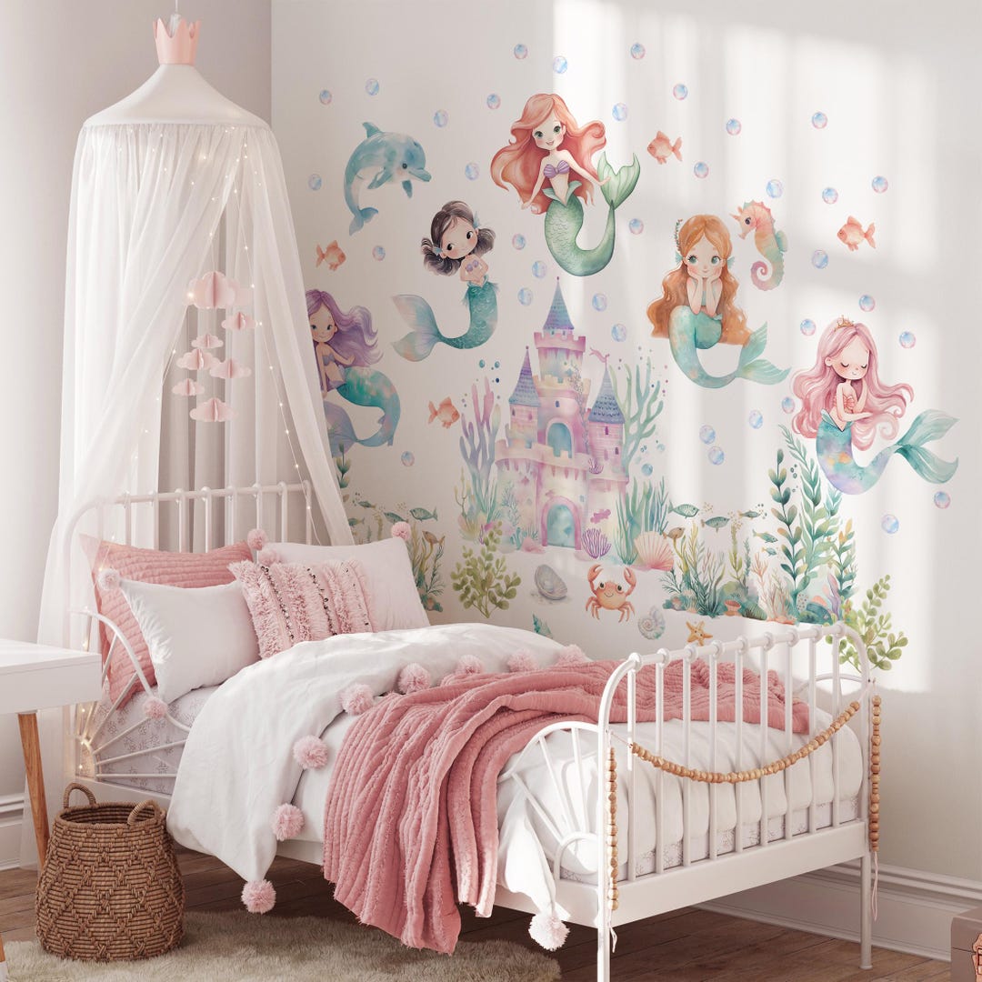 Mermaid Wall Decals for Shared Girls Room, Vinyl Stickers With 5 ...
