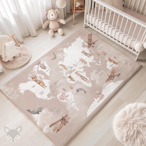 Weltkarten-Teppich für Kinderzimmer, Tierkarten-Spielteppich, weicher Chenille-Kinderzimmerteppich, neutrale pädagogische Bodenmatte, Flugzeug-Safari-Teppich RUGREC25