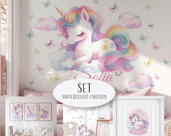 Unicorn Nursery Wall Decals Personalized Set, Watercolor Unicorn Kids Room Decor, Name Sticker, Growth Chart, Girls Wall Art – ACU44