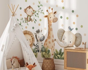 Safari Animal Wall Decal, Jungle Nursery Sticker, Watercolor Zoo Mural, Baby Room Decor, Safari Vinyl Wall Art, Kids Jungle Animals
