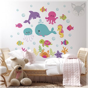 Under the Sea Wall Decal for Kids, Ocean Animals Vinyl Mural, Sea Life Nursery Wall Stickers, Removable Marine Wall Decor colorfull happy