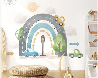 Regenbogen-Wandtattoo, Auto- und Straßenaufkleber aus Vinyl, Wanddekoration fürs Spielzimmer, Wandbild mit Transportmotiven fürs Kinderzimmer, selbstklebende Wanddekoration