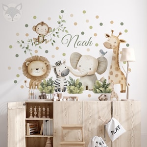 Adesivo de parede Safari em aquarela neutra com nome – Decoração de berçário de animais da selva escandinava – Adesivos de vinil personalizados para quarto de bebê