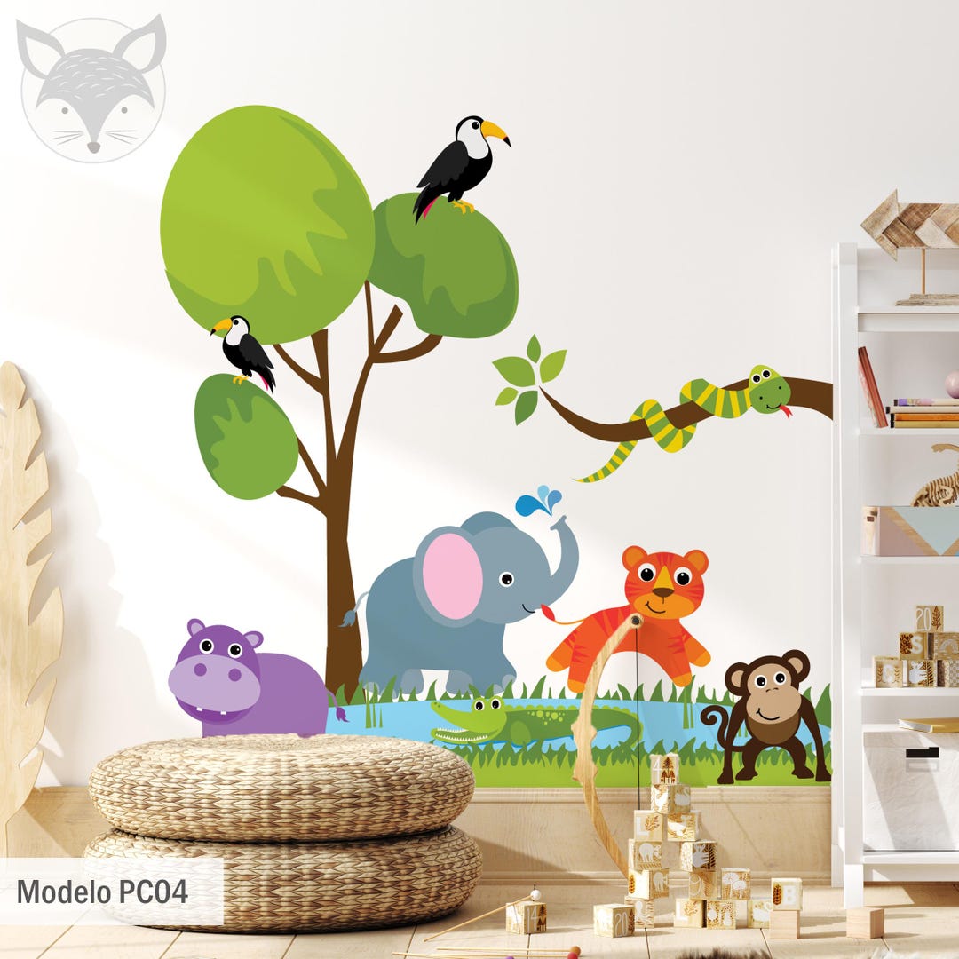 Colorful Jungle Safari Wall Decal for Kids Room - Elephant, Tiger ...