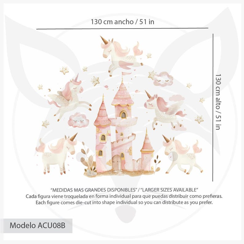 May include: A pink and gold castle with unicorns and stars. The castle is 51 inches tall and 51 inches wide. "MEDIDAS MAS GRANDES DISPONIBLES" / "LARGER SIZES AVAILABLE" Each figure comes die-cut into shape individual so you can distribute as you prefer. Modelo ACU08B