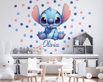 Stitch Wall Decal with Name, Custom Nursery Sticker, Blue and Pink Dots, Cute Baby Room Decor, Personalized Vinyl for Nursery