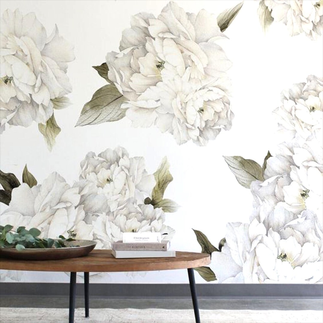 White Peony Wall Decals With Green Leaves, Removable Floral Vinyl ...