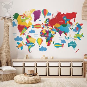 Weltkarte-Wandaufkleber, bunte Karte mit Luftballons, Kinderzimmer-Dekoration, Geographie-Lernaufkleber, pädagogisches Spielzimmer-Dekor, Weltkarten-Aufkleber
