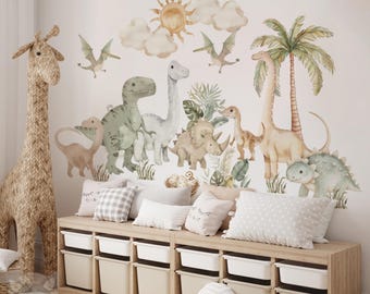 Watercolor Dinosaur Wall Decals, Pastel Dinosaur Wall Stickers, Kids Room Decor, Dino Nursery Wall Art, Baby Room Dinosaur Theme Decor