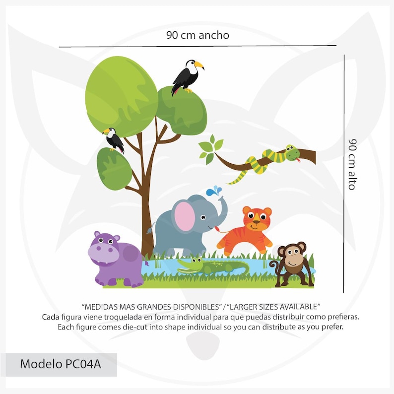 Colorful Jungle Safari Wall Decal for Kids Room - Elephant, Tiger ...