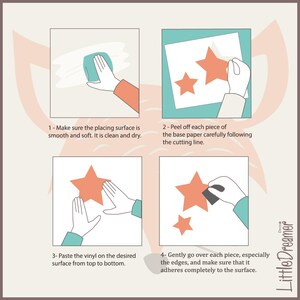 May include: Four illustrated steps showing how to apply a vinyl sticker to a surface. The steps include cleaning the surface, peeling the backing paper, applying the sticker, and smoothing out the sticker.