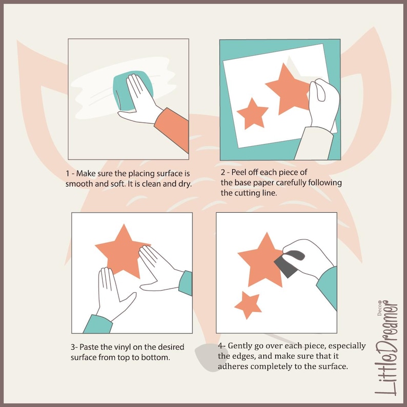 May include: Four illustrated steps showing how to apply a vinyl sticker to a surface. The steps include cleaning the surface, peeling the backing paper, applying the sticker, and smoothing out the sticker.