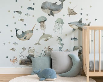 Ocean Animals Wall Decal, Underwater Nursery Wall Art, Sea Life Vinyl Sticker, Kids Room Decor with Whale, Shark, Narwhal, nursery decor
