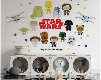 Star Wars Wall Decal, Nursery Vinyl Stickers, Cute Star Wars Characters, Baby Room Decor, Jedi Theme Wall Art, Star Wars nursery decal