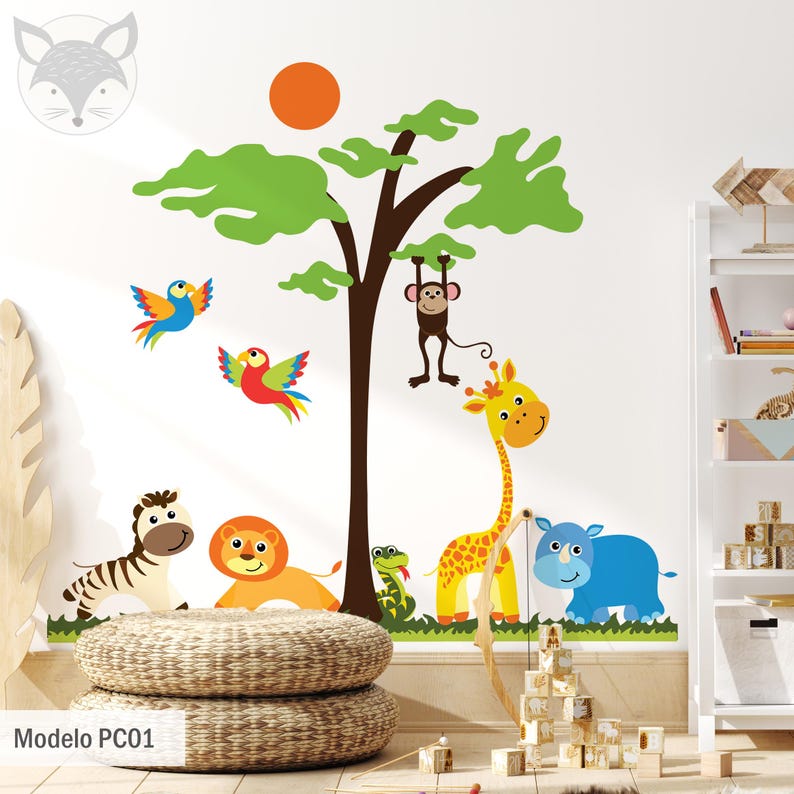 Colorful Jungle Animals Wall Decal - Kids Room Tree and Safari Vinyl ...
