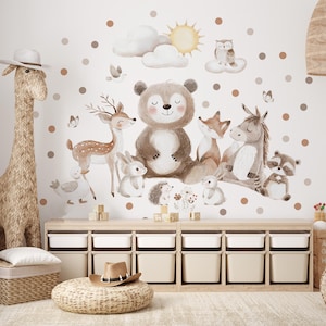 Woodland Animal Wall Decals, Neutral Forest Nursery Stickers, Baby Room Bear Fox Deer Raccoon Donkey Bunny, Forest Scandinavian Vinyl Art