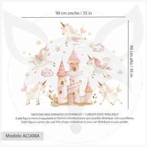 May include: Pink and white unicorn and castle wall decal, 35 inches wide and 35 inches tall.  The decal features a pink castle with gold accents, five unicorns, and stars.  "MEDIDAS MAS GRANDES DISPONIBLES" / "LARGER SIZES AVAILABLE"  Each figure comes die-cut into shape individual so you can distribute as you prefer.  Modelo ACU08A