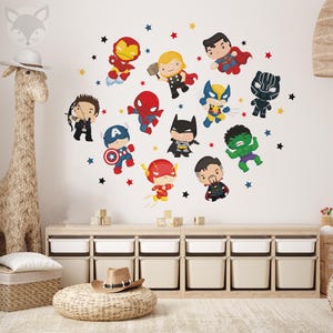Superhero Wall Decal, Chibi Superheroes Sticker, Boys Room Decor, Kids Wall Art, Comic Book Characters, Playroom Decor, Vinyl Wall Stickers
