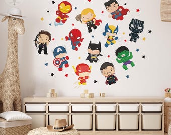 Superhero Wall Decal, Chibi Superheroes Sticker, Boys Room Decor, Kids Wall Art, Comic Book Characters, Playroom Decor, Vinyl Wall Stickers