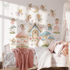 Fairy Garden Wall Decal, Watercolor Fairy Mural, Enchanted Forest Sticker, Girls Room Decor, Fairy Nursery Art, Magical Woodland Theme
