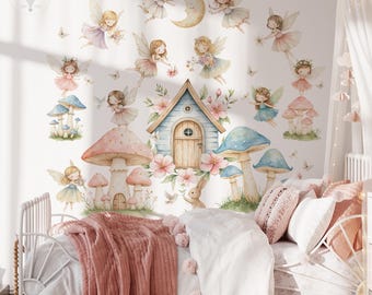 Fairy Garden Wall Decal, Watercolor Fairy Mural, Enchanted Forest Sticker, Girls Room Decor, Fairy Nursery Art, Magical Woodland Theme