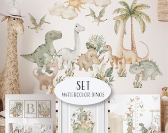 Watercolor Dinosaur Wall Decals Set with Growth Chart, Personalized Door Sign & Prints – Kids Room Decor, Dino Nursery Stickers