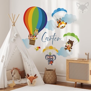 Hot Air Balloon Wall Decal, Jungle Animals Parachute Vinyl, Kids Room Decor, Adventure Nursery Sticker, Colorful flying animal Wall decal