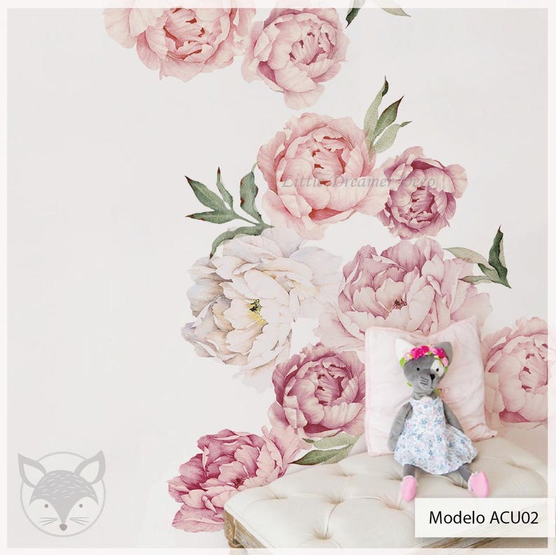 Floral Peony Wall Decal for Nursery | Large Self-adhesive Removable ...
