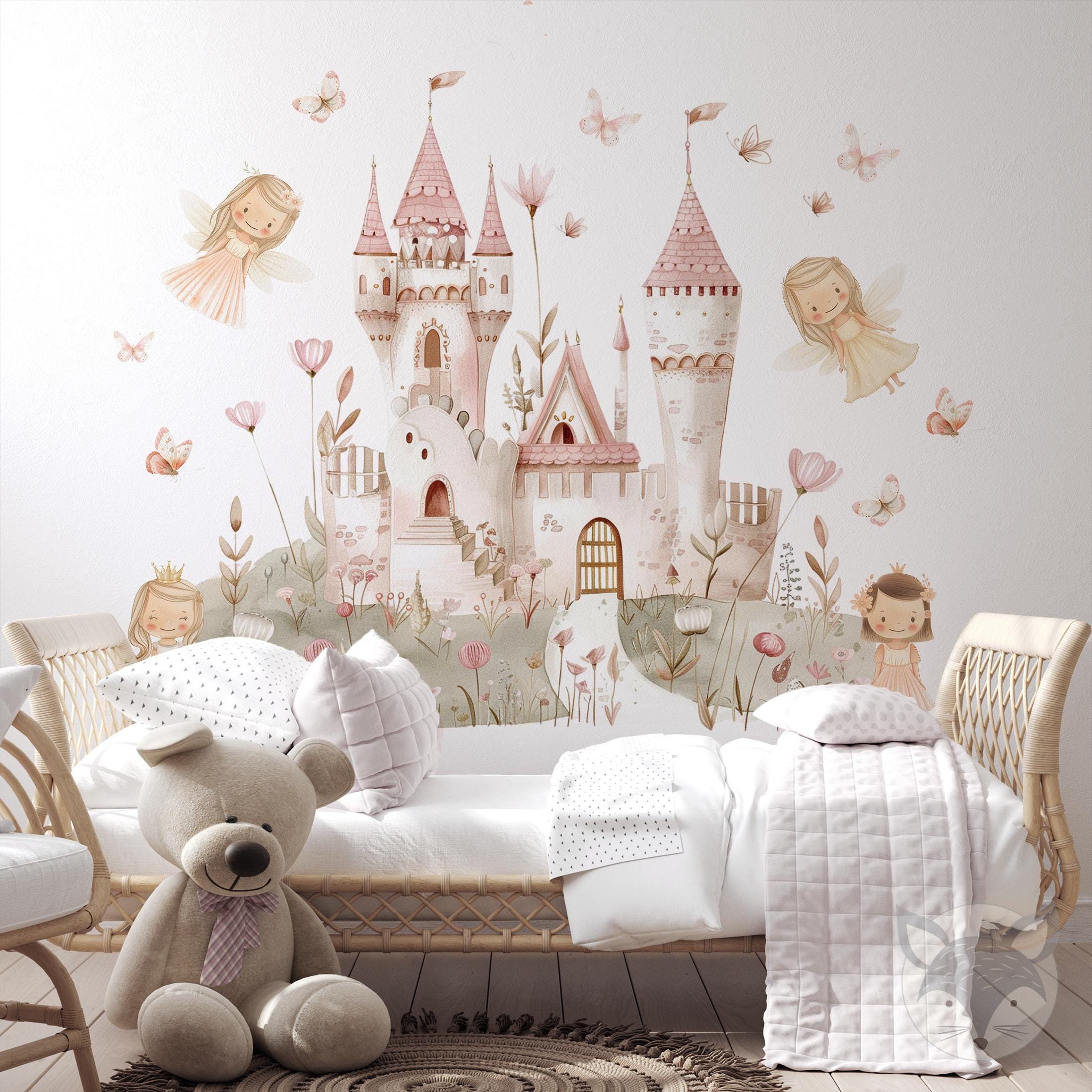 Fairy Castle Butterfly Wall Decal for Girls Room, Pink & White Garden Nursery Vinyl, Magical Kids Room Decor, fairy tale wall sticker