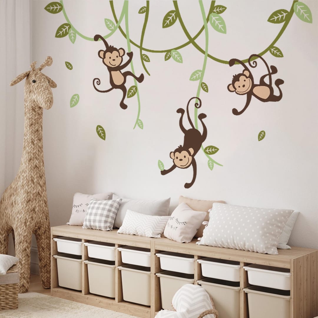 Jungle Wall Decal With Monkeys, Large Tree Nursery Wall Art, Forest ...