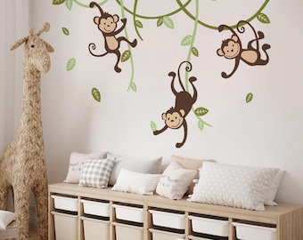 5 Monkeys Swinging from a tree Vine Vinyl Wall Jungle Friends