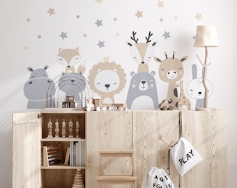 Nordic Animal Wall Decals, Neutral Beige Nursery Wall Stickers, Baby Room Safari Mural, Removable Vinyl Animal Decals, Woodland neutral Deco