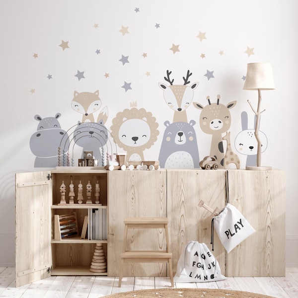 Muurstickers met dieren in Noordse stijl, neutrale beige kinderkamerstickers, safarimuurschildering voor de babykamer, verwijderbare vinyl dierenstickers, neutrale bosdecoratie