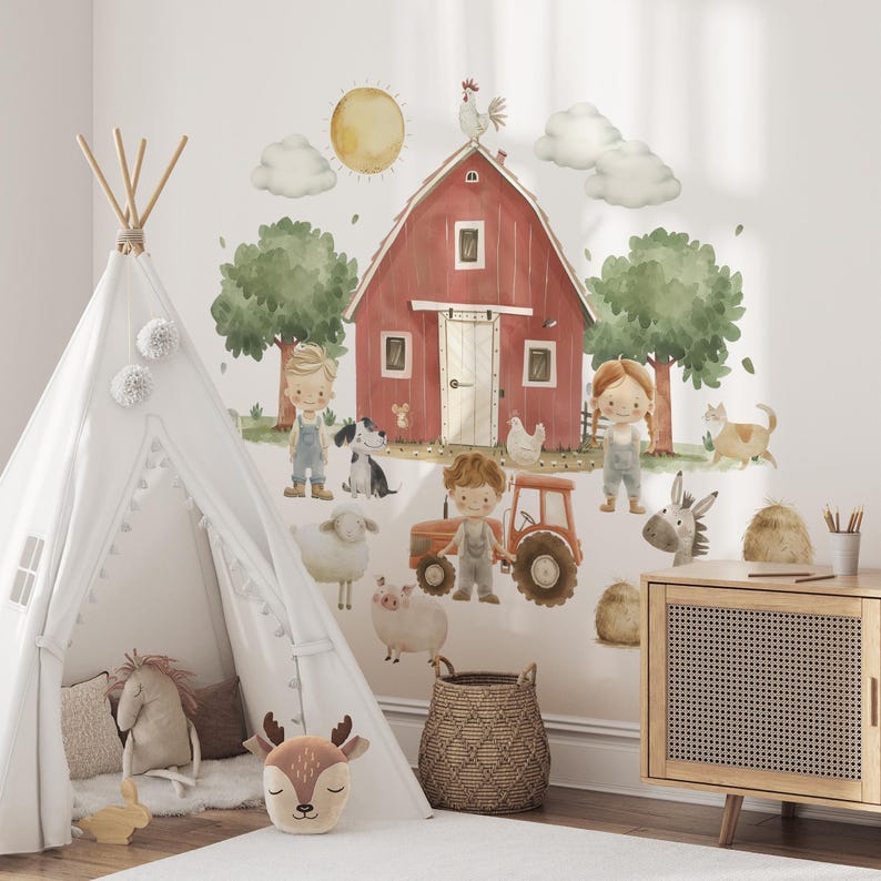 Farm Animal Wall Decals for Nursery, Red Barn Farmhouse Wall Stickers ...